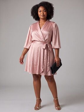 Sante Grace Pink Satin Wrap Dress Size 2X Balloon Sleeve Evening Cocktail Party
